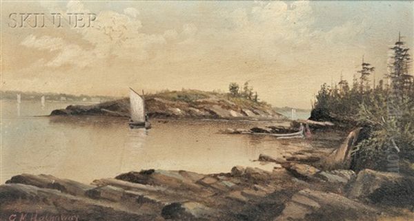 Portland, Maine, Views: Diamond Cove, Diamond Island And Pumpkin Knob, Portland Harbor (2 Works) Oil Painting by George M. Hathaway