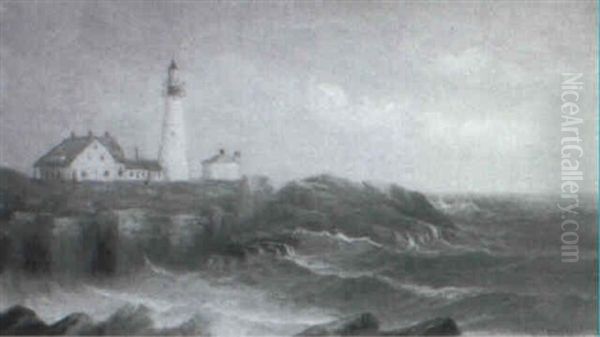 View Of The Headlight Portland Harbor Oil Painting by George M. Hathaway