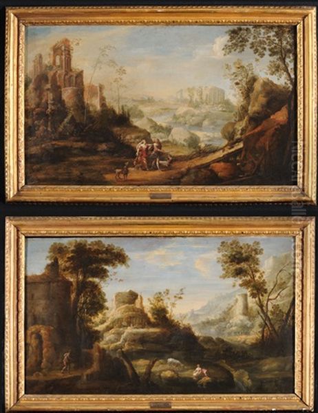 Paesaggio Con Rovine Classiche E Diana E Atteone (+ Paesaggio Con Rovine Classiche E Figure; Pair) Oil Painting by Petrus Van Hattich