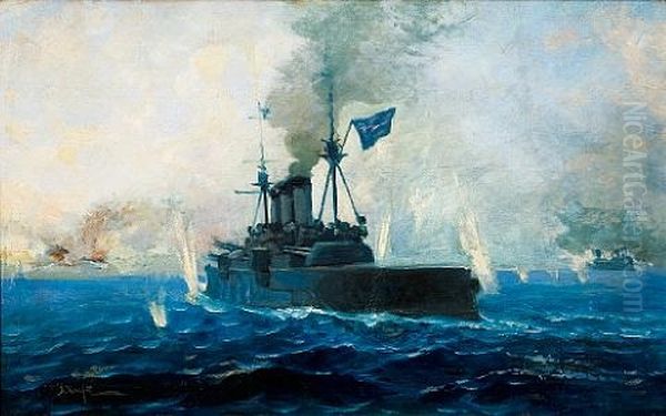 The Averoff At Battle Oil Painting by Vassilios Hatzis