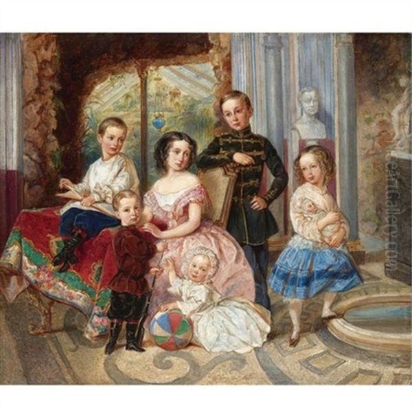 The Children Of The Duke Of Leutchtenberg By A Marble Pool Oil Painting by Vladimir Ivanovich Hau