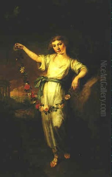 Portrait Of Elisabeth Auguste, Grafin Von Torring Und Gronsfeld, At The Age Of Ten, Holding A Garland Of Flowers Oil Painting by Joseph Hauber