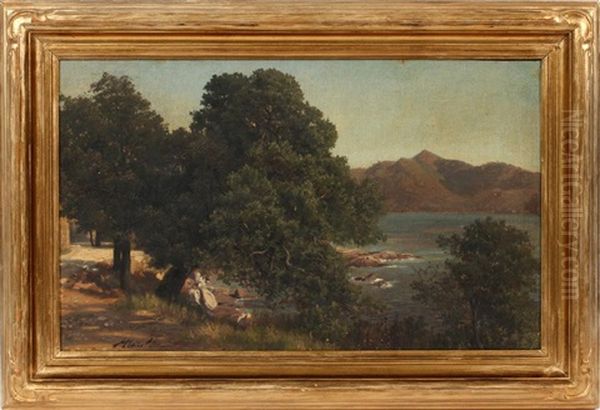 Picnic By Lake Oil Painting by Michael Haubtmann