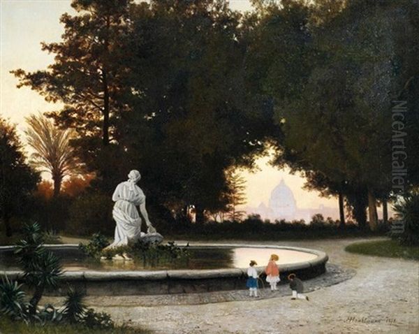 Blick Von Den Garten Des Pincio Auf St. Peter In Rom Im Abendlicht Oil Painting by Michael Haubtmann