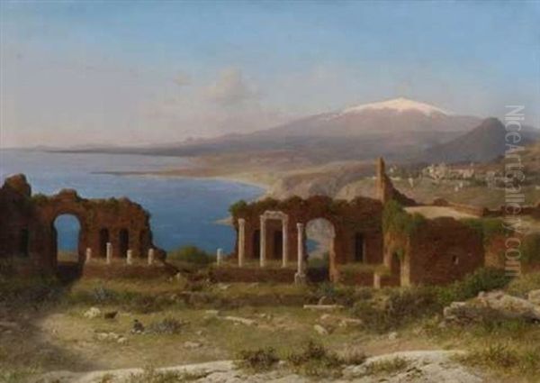 Taormina - Blick Vom Antiken Theater Auf Die Meereskuste Und Den Atna Oil Painting by Michael Haubtmann