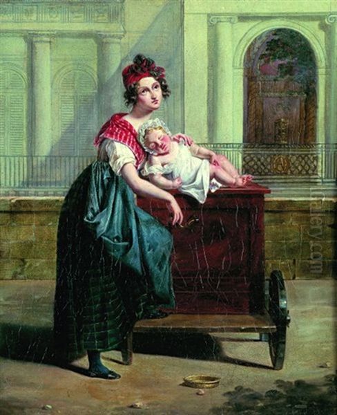 Une Joueuse D'orgue De Barbarie Oil Painting by Hortense Haudebourt Lescot