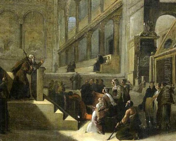 Une Predication Dans L'eglise Saint-laurent, Hors Les Murs A Rome Oil Painting by Hortense Haudebourt Lescot