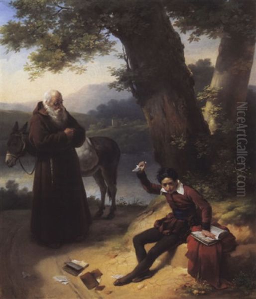 Junge In Historischem Kostum Zerreisst Bucher Unter Den Augen Eines Bettelmonches Oil Painting by Hortense Haudebourt Lescot