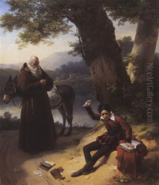 Junge In Historischem Kostum Zerreisst Bucher Unter Den Augen Eines Bettlermonches Oil Painting by Hortense Haudebourt Lescot