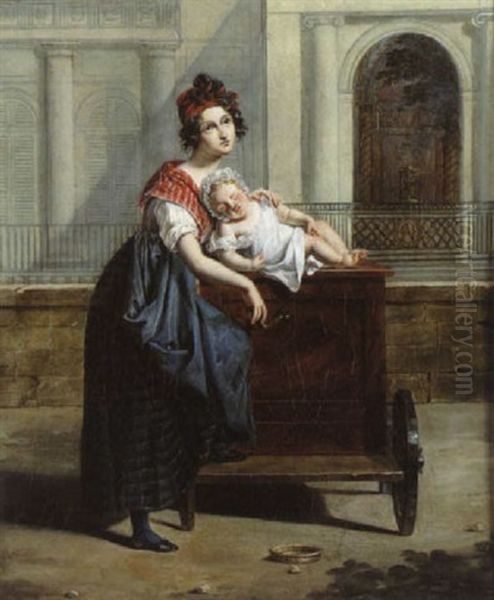 Une Joueuse D'orgue De Barbarie Oil Painting by Hortense Haudebourt Lescot