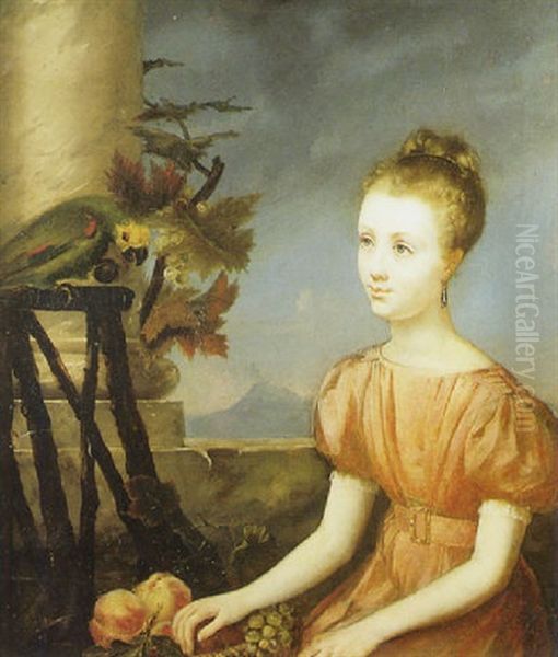 Portrait D'une Jeune Fille Avec Un Perroquet Oil Painting by Hortense Haudebourt Lescot