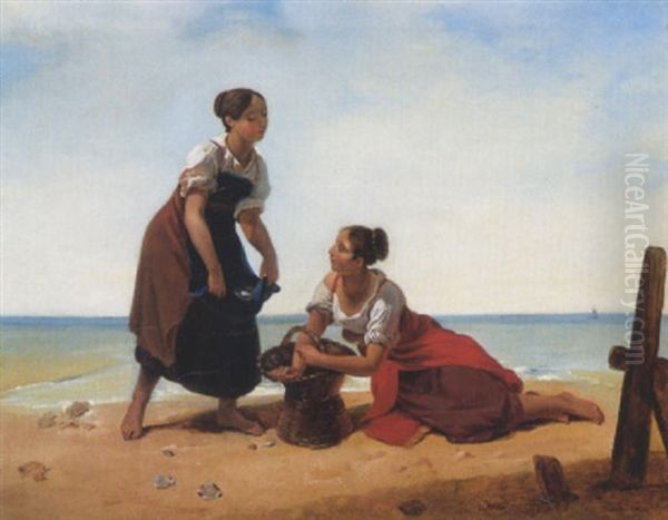 Femmes Au Bord De La Plage Ramassant Des Coquillages Oil Painting by Hortense Haudebourt Lescot