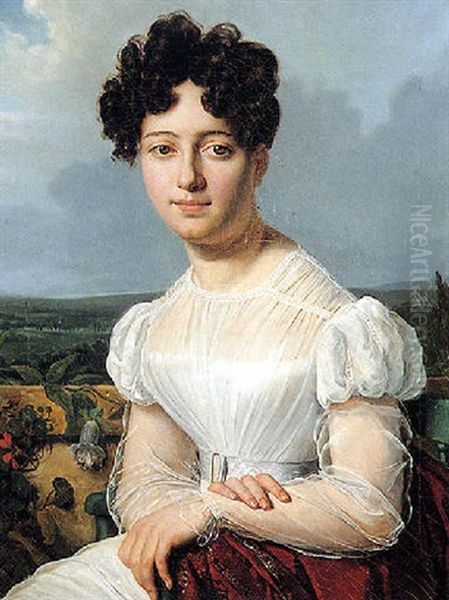 Portrait De Jeune Femme Sur Fond De Paysage Oil Painting by Hortense Haudebourt Lescot