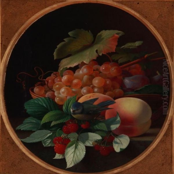 Grapes, Raspberries, Figs And Peaches On A Sill With A Blue Tit Sitting On A Leaf Oil Painting by Carl Vilhelm Balsgaard