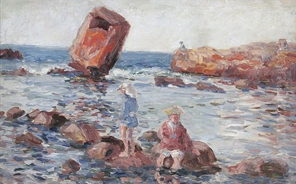 Zwei Kinder Auf Klippen Und Angler Oil Painting by Albert Haueisen