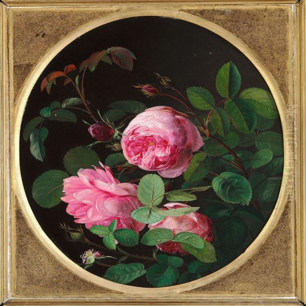 Three Pink Roses And Rosebuds Oil Painting by Carl Vilhelm Balsgaard