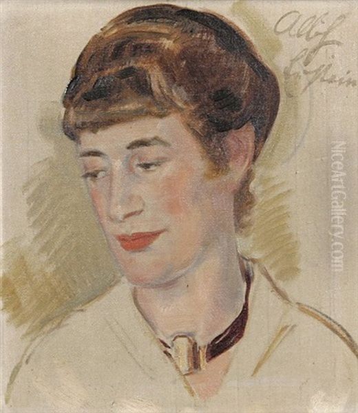 Bildnis Einer Jungen Frau Mit Leicht Gesenktem Blick (des Kunstlers Stieftochter Lore Himmelsbach?) Oil Painting by Albert Haueisen