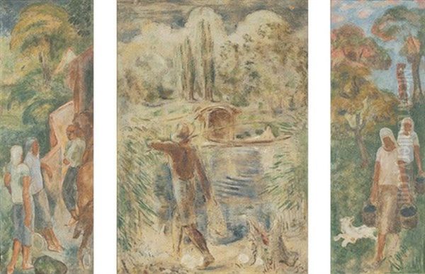 Szenen Aus Dem Landlichen Leben I (triptych, Various Sizes) Oil Painting by Albert Haueisen