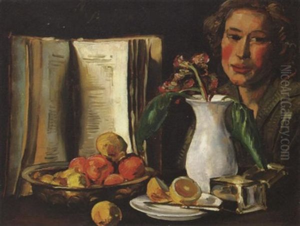 Fruchtestilleben Mit Buch Und Blumenvase, Daneben Eine Frau Oil Painting by Albert Haueisen