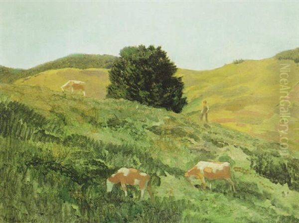 Landschaft Bei Bernau Mit Weidenden Kuhen Oil Painting by Albert Haueisen