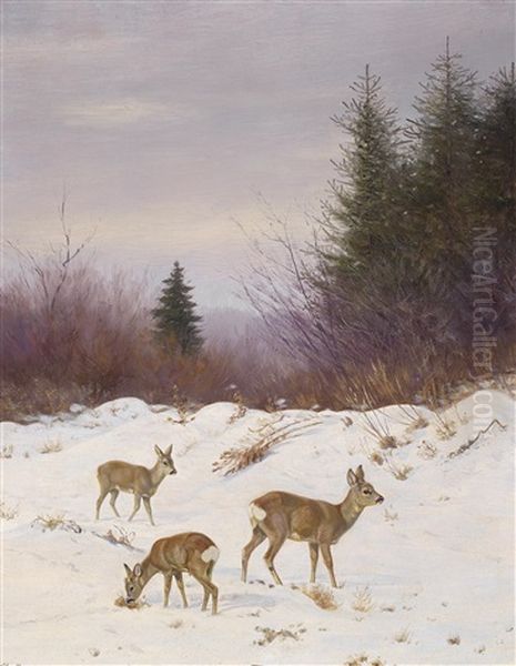 Rehe Im Winterwald Oil Painting by Christian Haug