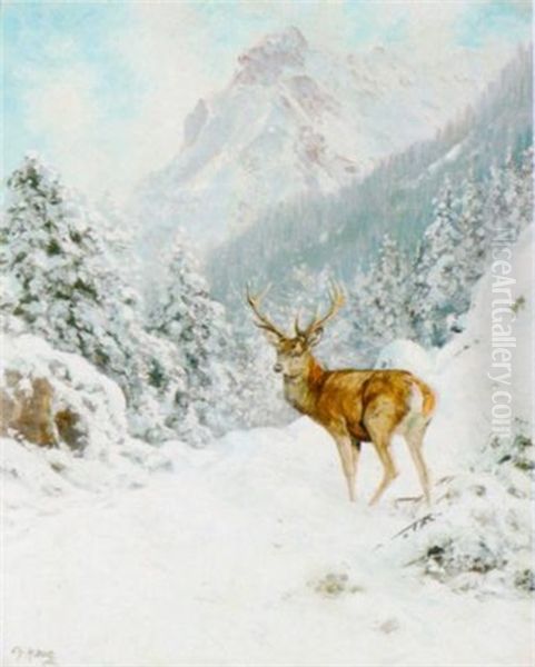 Hirsch In Verschneiter Landschaft Oil Painting by Kristian Haug