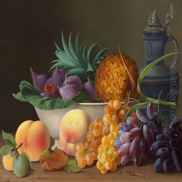 Still Life With Grapes, Peaches, Figs And Pineapple In A Bowl Oil Painting by Carl Vilhelm Balsgaard