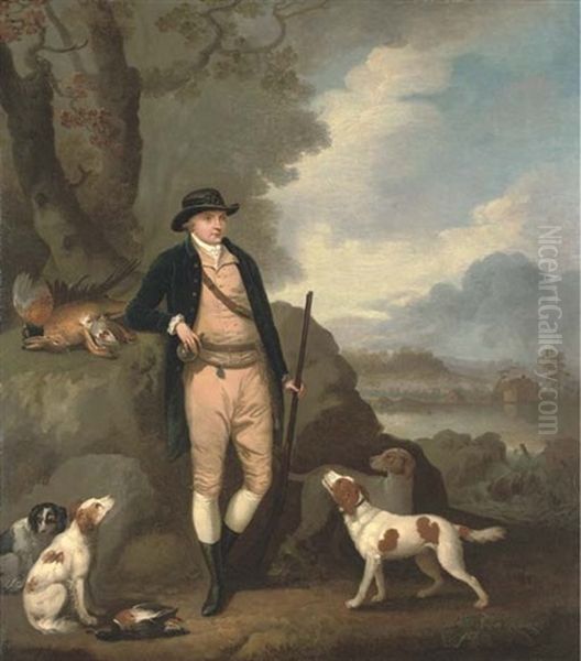 Portrait Of George Farmer Of Witton Manor, Staffordshire, Full-length, With His Dogs, In A Landscape Oil Painting by Moses Haughton the Elder