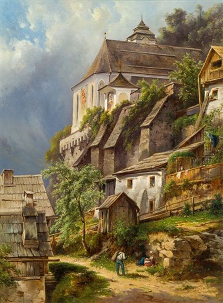 The Church Of Hallstatt Oil Painting by Carl Haunold