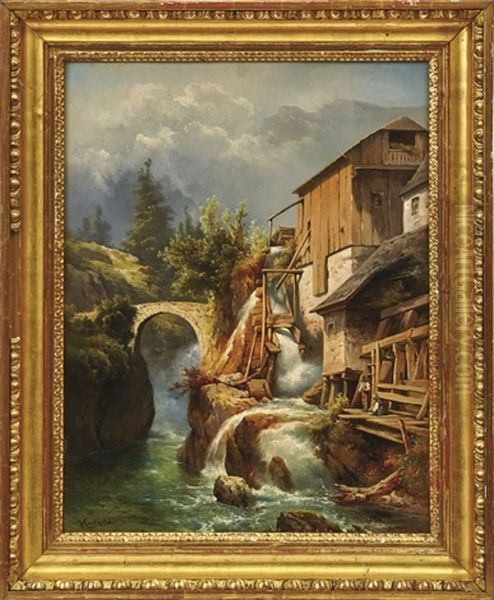 Wassermuhle An Einem Reisenden Gebirgsbach Oil Painting by Carl Haunold