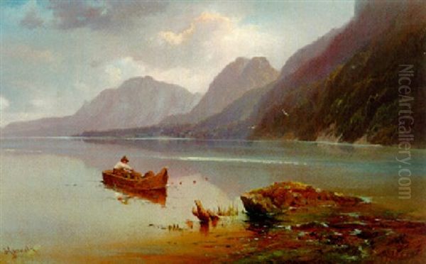 Der Attersee Mit Dem Steingebirge Von Burgau Aus Gesehen Oil Painting by Carl Haunold