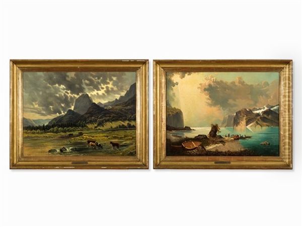 Mountain Landscapes (2 Works) Oil Painting by Karl Franz Emanuel Haunold