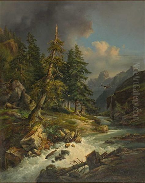 Hochgebirgslandschaft Mit Wildwasser Und Geier. Malerischer Lichteinfall Auf Katarakt Oil Painting by Karl Franz Emanuel Haunold