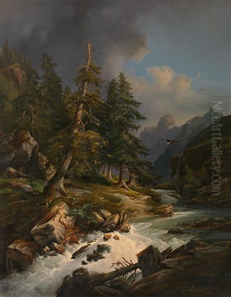 Hochgebirgslandschaft Mit Tosendem Wildbach Und Malerischem Lichteinfall Oil Painting by Karl Franz Emanuel Haunold