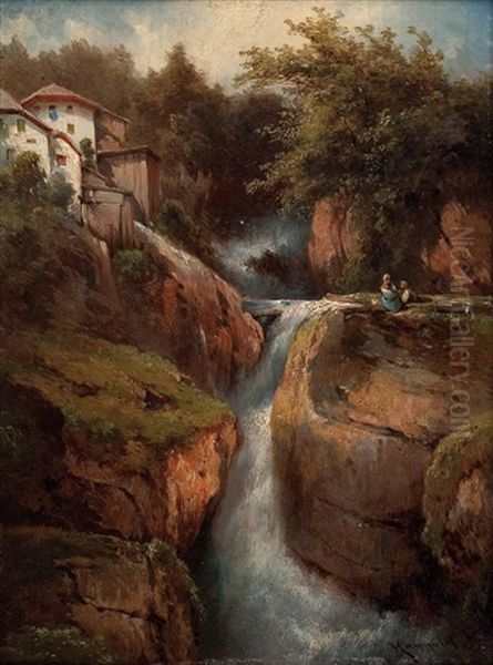 Der Muhlbachfall In Hallstatt Mit Figurenstaffage Oil Painting by Karl Franz Emanuel Haunold