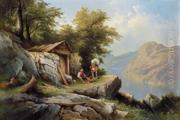 Partie Auf Der Hirschaualpe Mit Blick Auf Den Hallstattersee Oil Painting by Karl Franz Emanuel Haunold