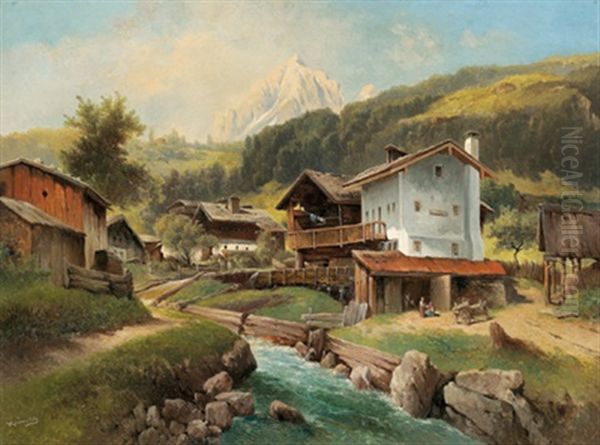 Ein Dorf In Den Bergen Oil Painting by Karl Franz Emanuel Haunold