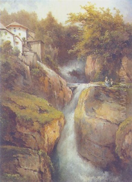 Der Muhlbachfall In Hallstadt, Salzkammergut Oil Painting by Karl Franz Emanuel Haunold