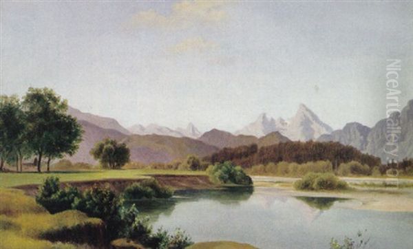 Sommerliche Landschaft Mit Blick Uber Fluslauf Auf Gebirgshintergrund Oil Painting by Karl Franz Emanuel Haunold