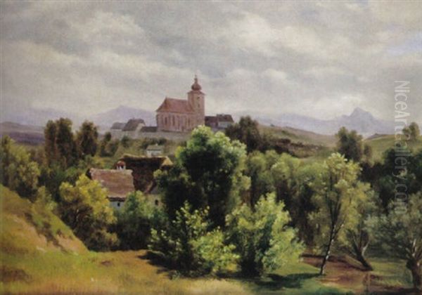 Sommerlandschaft Mit Groser Kirche Und Gehoften In Gebirgslandschaft Oil Painting by Karl Franz Emanuel Haunold