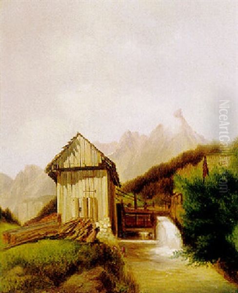 Muhlbach Mit Wehr Oil Painting by Karl Franz Emanuel Haunold