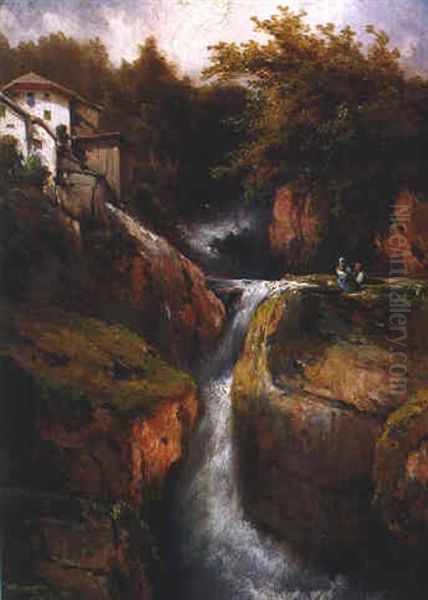 Der Muhlbachfall In Hallstatt Im Salzkammergut Oil Painting by Karl Franz Emanuel Haunold