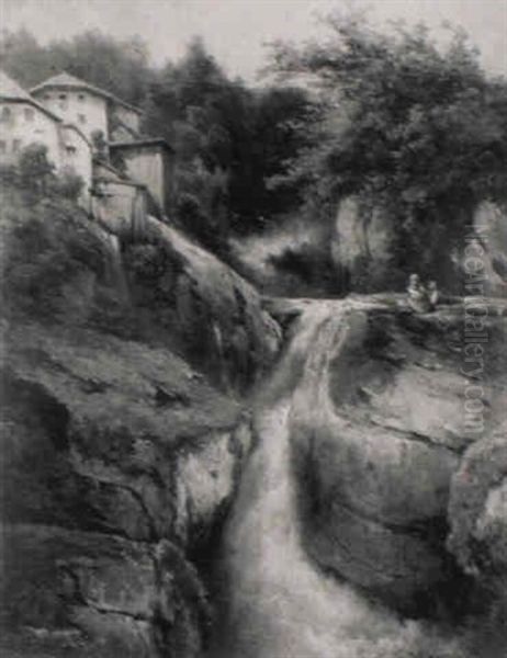 Der Muhlbachfall In Hallstatt Im Salzkammergut Oil Painting by Karl Franz Emanuel Haunold