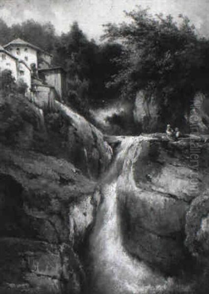 Der Muhlbachfall In Hallstatt Im Salzkammergut Oil Painting by Karl Franz Emanuel Haunold