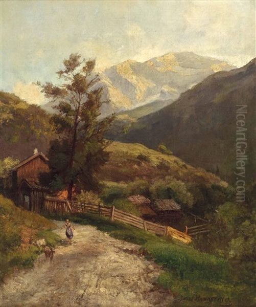 Ziegenhirtin Auf Einer Alm Im Gasteinertal Oil Painting by Josef Haunstetter