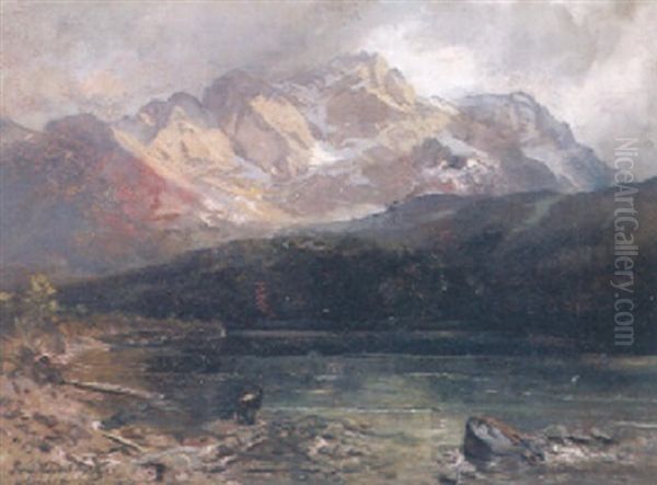 Der Eibsee Mit Zugspitze Oil Painting by Josef Haunstetter