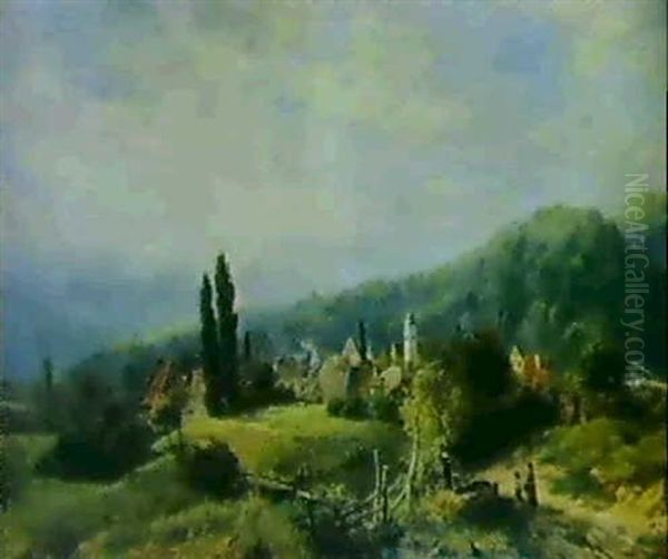 Sydtysk Landsby I Bakket Landskab Oil Painting by Josef Haunstetter