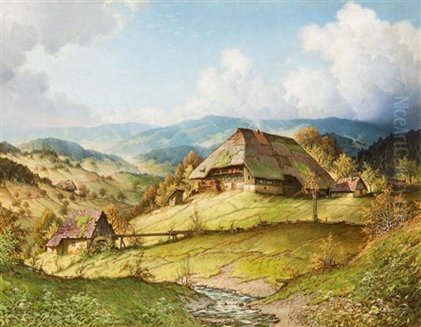 Schwarzwaldhof In Sommerlicher Landschaft Mit Stimmungsvoller Wolkenbildung Oil Painting by Karl Hauptmann