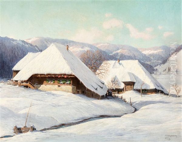 Schneebedeckte Schwarzwaldhofe In Der Morgensonne Oil Painting by Karl Hauptmann