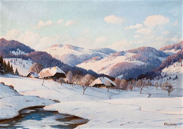 Schwarzwaldhofe In Sonniger Winterlandschaft Mit Bachlauf Oil Painting by Karl Hauptmann